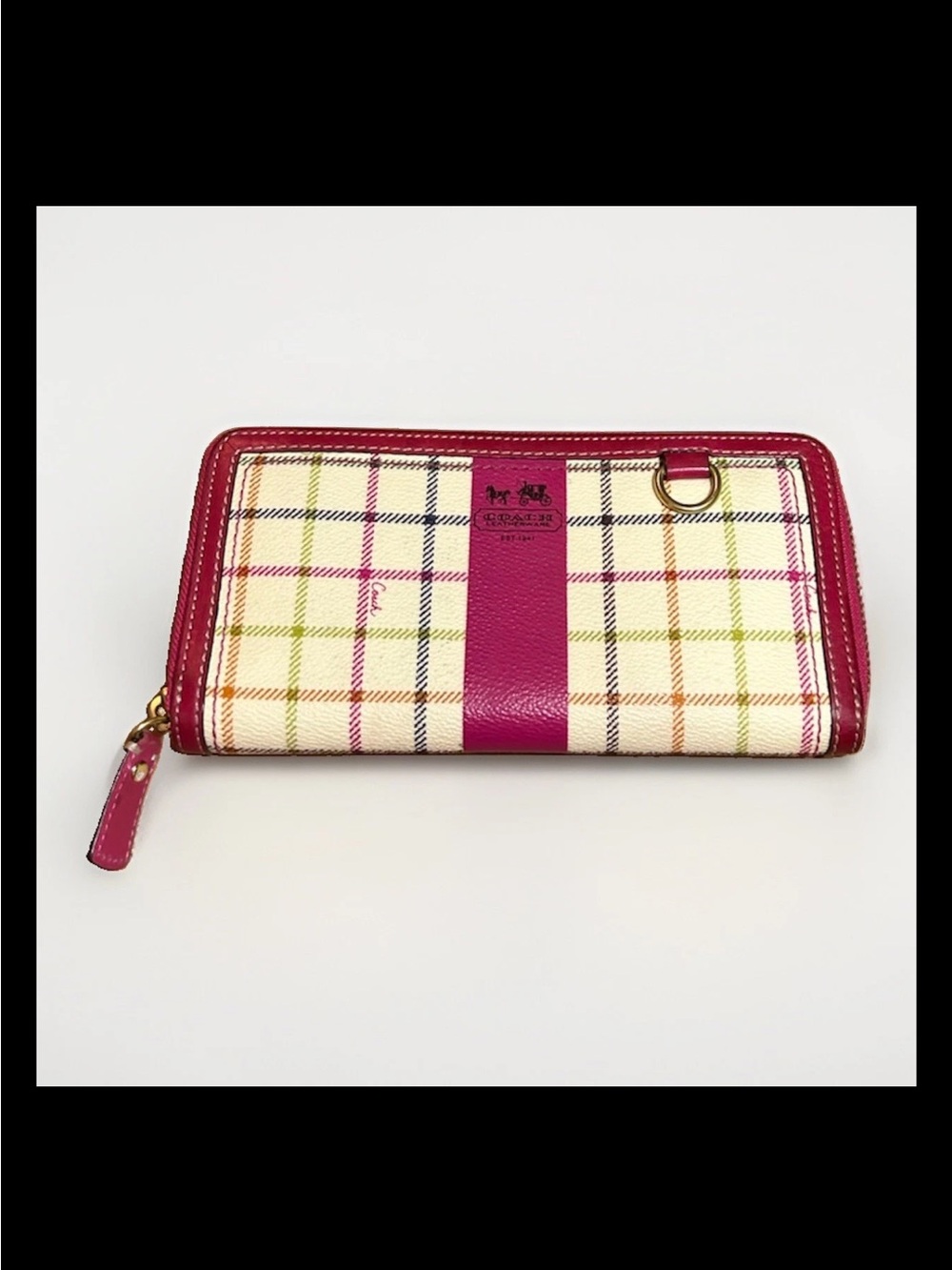 Coach Wallet Zip-Around, Heritage Stripe Coated Canvas, Hot Pink/Fuchsia Leather